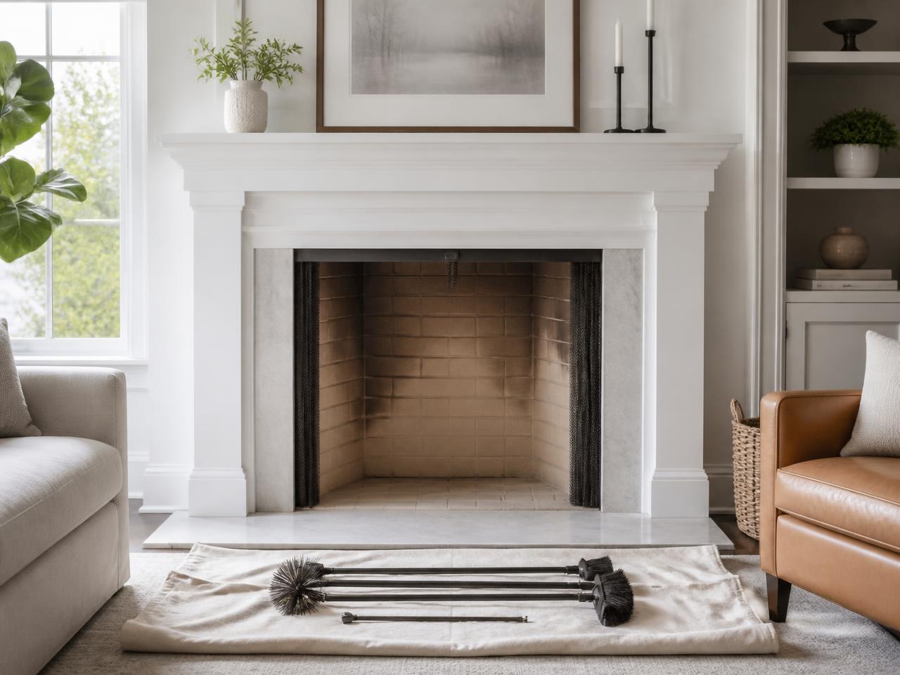 Bright living room with a freshly swept fireplace, drop cloth and chimney brushes laid out